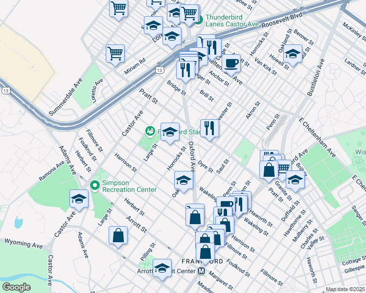 map of restaurants, bars, coffee shops, grocery stores, and more near 1143 Dyre Street in Philadelphia