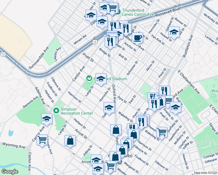 map of restaurants, bars, coffee shops, grocery stores, and more near 1143 Dyre Street in Philadelphia