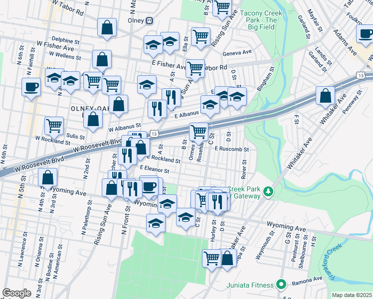 map of restaurants, bars, coffee shops, grocery stores, and more near 4939 B Street in Philadelphia