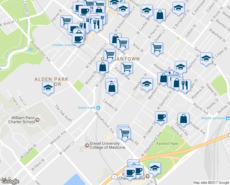 map of restaurants, bars, coffee shops, grocery stores, and more near 433 West Queen Lane in Philadelphia