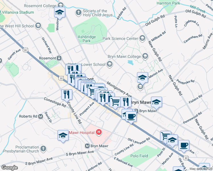 map of restaurants, bars, coffee shops, grocery stores, and more near 922 Montgomery Avenue in Bryn Mawr