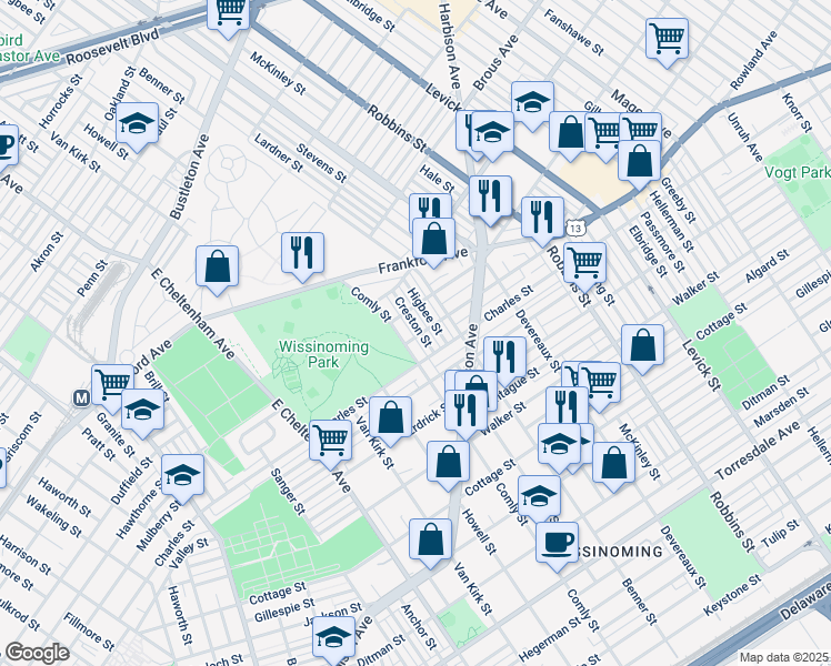 map of restaurants, bars, coffee shops, grocery stores, and more near 4056 Creston Street in Philadelphia