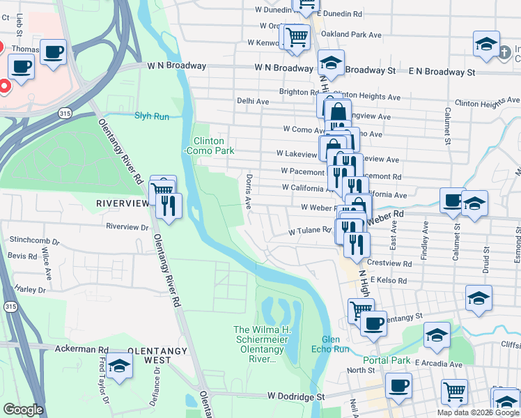 map of restaurants, bars, coffee shops, grocery stores, and more near 3086 Sunset Drive in Columbus