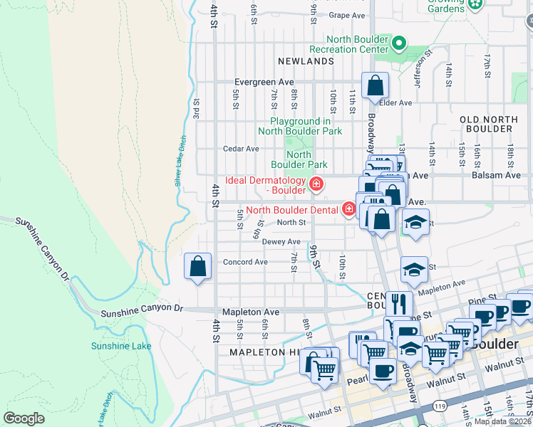 map of restaurants, bars, coffee shops, grocery stores, and more near 2670 6th Street in Boulder