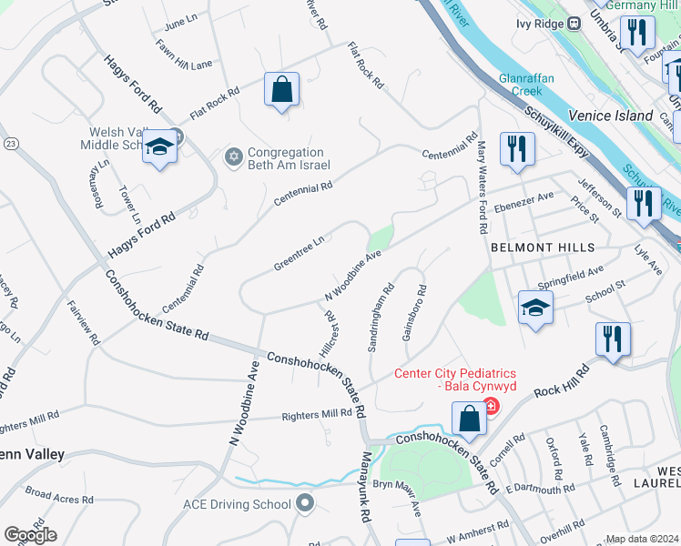 map of restaurants, bars, coffee shops, grocery stores, and more near 1214 North Woodbine Avenue in Narberth