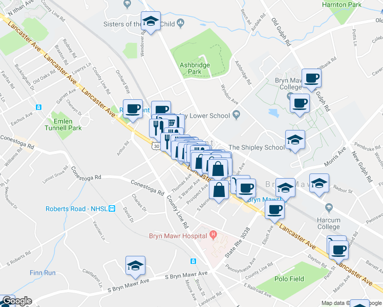 map of restaurants, bars, coffee shops, grocery stores, and more near 1108 Markee Terrace in Bryn Mawr