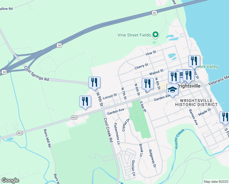 map of restaurants, bars, coffee shops, grocery stores, and more near 712 Locust Street in Wrightsville
