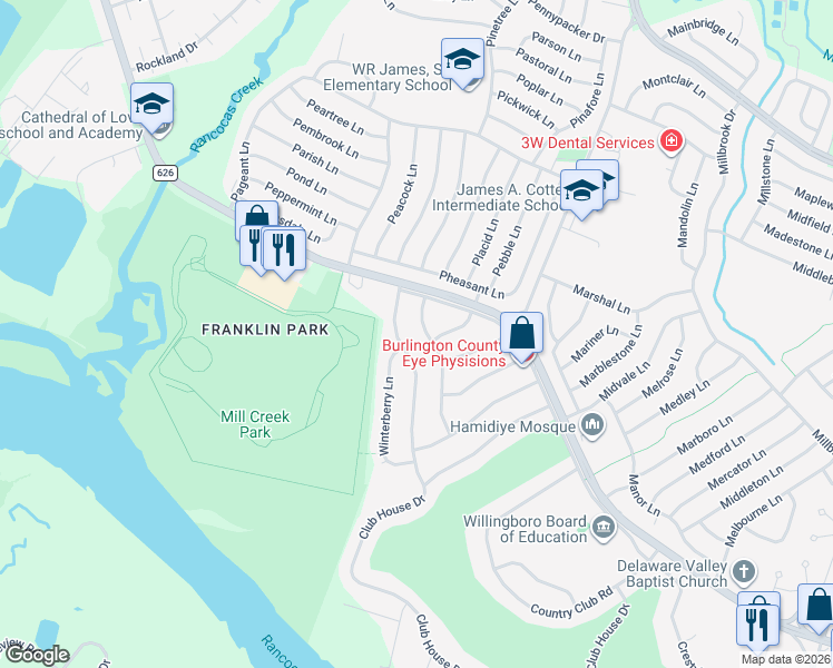 map of restaurants, bars, coffee shops, grocery stores, and more near 35 Windsor Lane in Willingboro