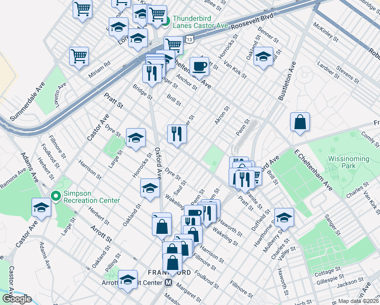 map of restaurants, bars, coffee shops, grocery stores, and more near 5152 Akron Street in Philadelphia