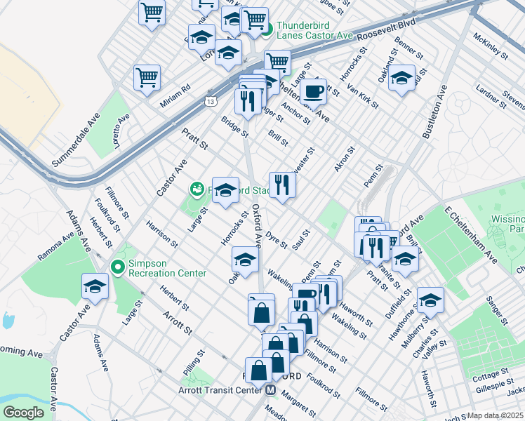 map of restaurants, bars, coffee shops, grocery stores, and more near 5141 Oxford Avenue in Philadelphia