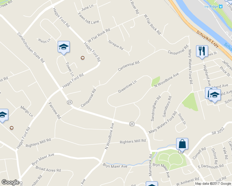 map of restaurants, bars, coffee shops, grocery stores, and more near 1136 Greentree Lane in Narberth