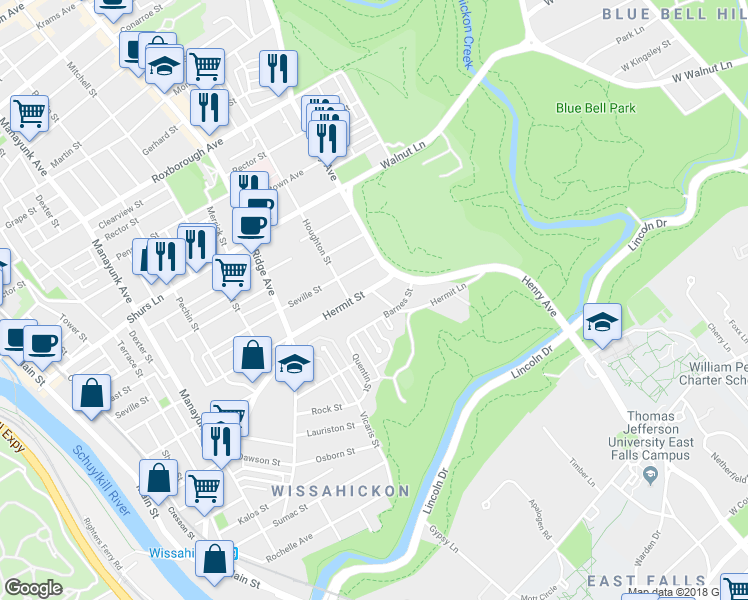 map of restaurants, bars, coffee shops, grocery stores, and more near 5458 Hermit Lane in Philadelphia