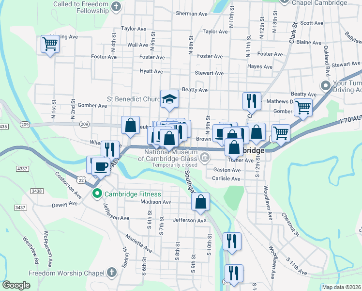 map of restaurants, bars, coffee shops, grocery stores, and more near 724 Wheeling Avenue in Cambridge