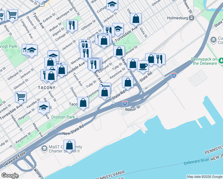 map of restaurants, bars, coffee shops, grocery stores, and more near 4957 Princeton Avenue in Philadelphia