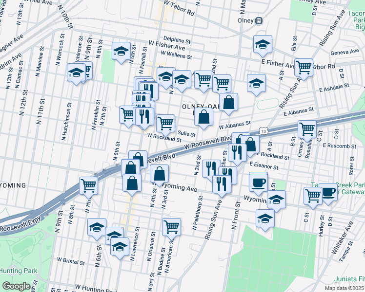 map of restaurants, bars, coffee shops, grocery stores, and more near 222 West Roosevelt Boulevard in Philadelphia