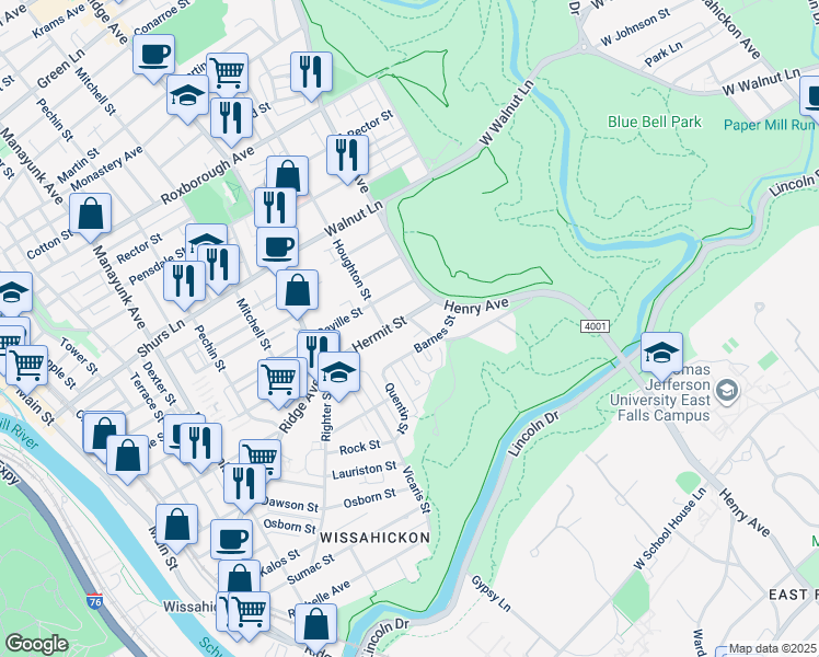 map of restaurants, bars, coffee shops, grocery stores, and more near 5458 Hermit Lane in Philadelphia