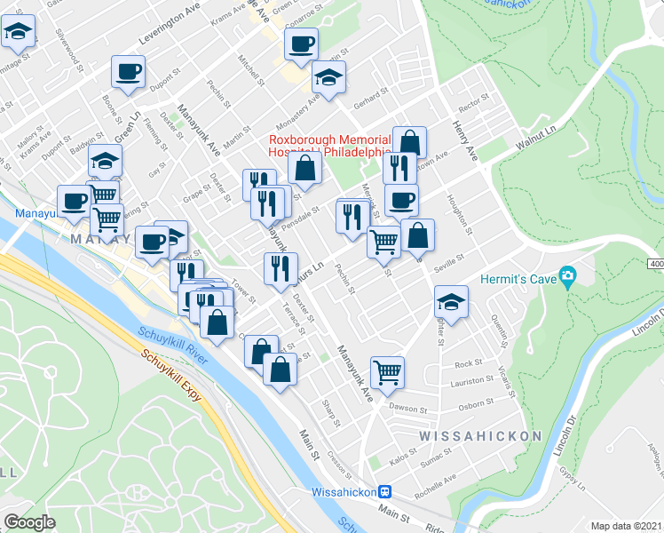 map of restaurants, bars, coffee shops, grocery stores, and more near 326 Kingsley Street in Philadelphia
