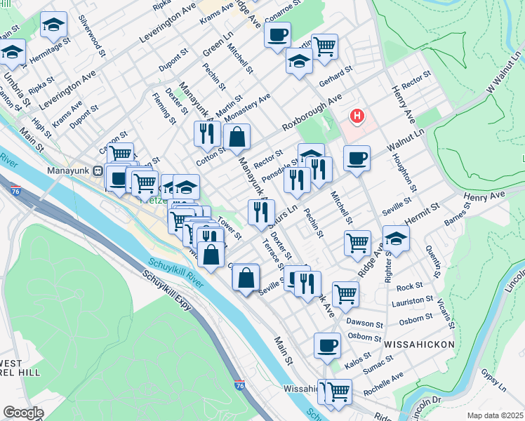map of restaurants, bars, coffee shops, grocery stores, and more near 210 Shurs Lane in Philadelphia