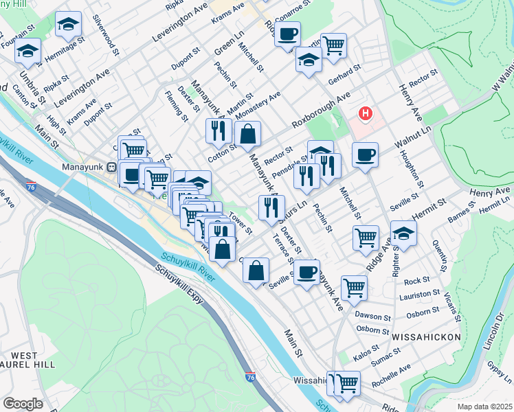 map of restaurants, bars, coffee shops, grocery stores, and more near 4123 Terrace Street in Philadelphia