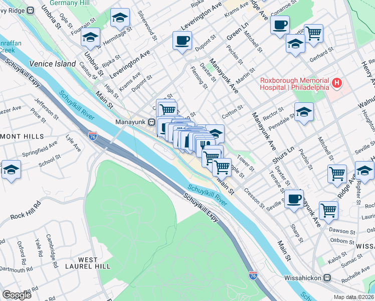 map of restaurants, bars, coffee shops, grocery stores, and more near 4313-17 Main Street in Philadelphia