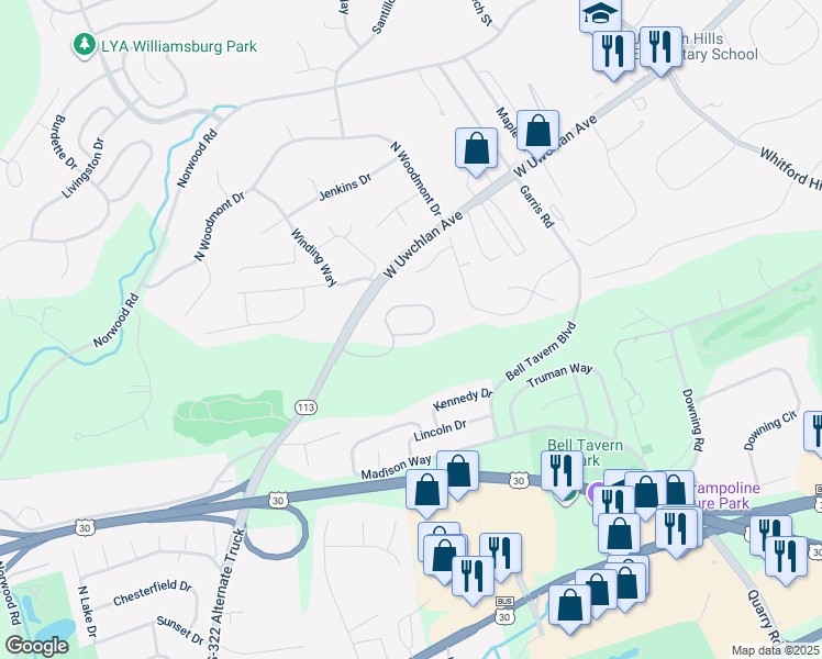 map of restaurants, bars, coffee shops, grocery stores, and more near 226 Tall Trees Circle in Downingtown