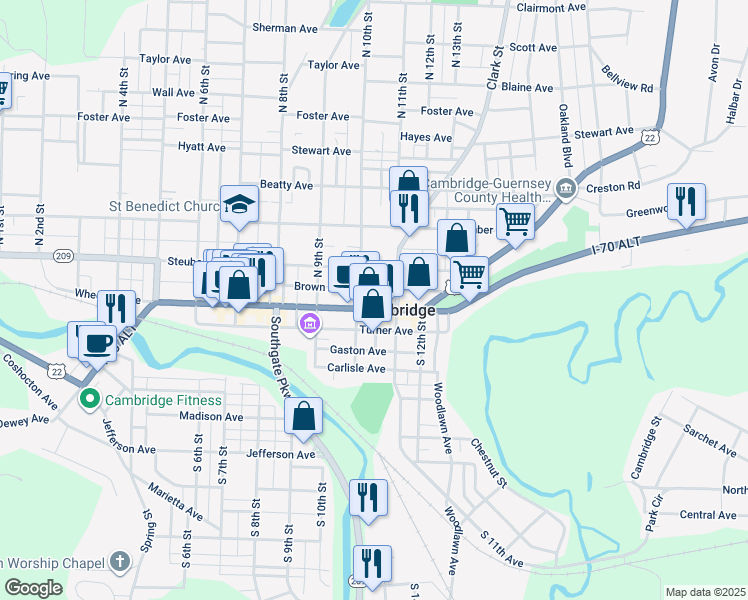 map of restaurants, bars, coffee shops, grocery stores, and more near 1005 Wheeling Avenue in Cambridge