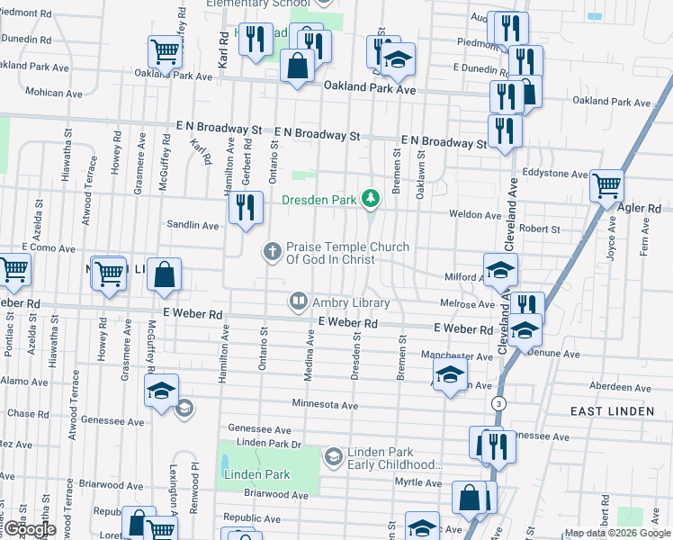 map of restaurants, bars, coffee shops, grocery stores, and more near 2829 Norwood Street in Columbus