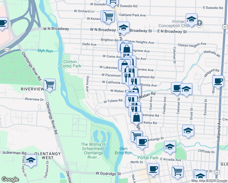map of restaurants, bars, coffee shops, grocery stores, and more near 76 West Tulane Road in Columbus