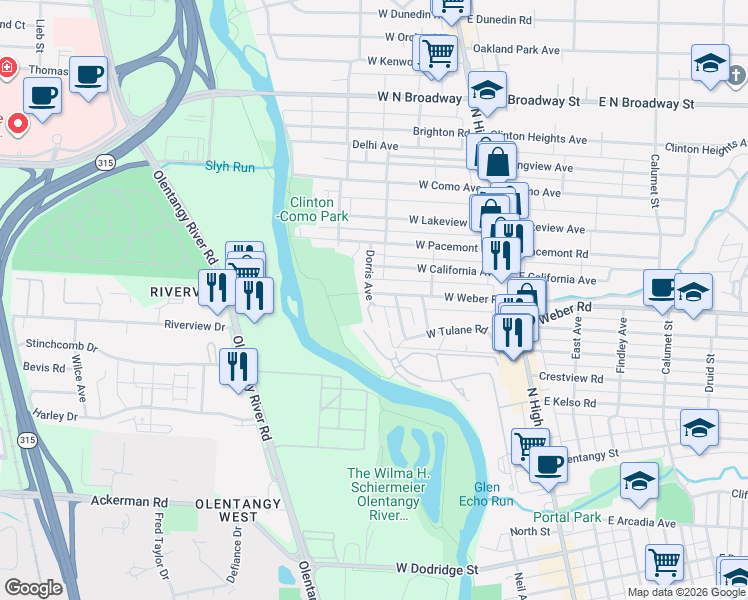 map of restaurants, bars, coffee shops, grocery stores, and more near 3097 Dorris Avenue in Columbus