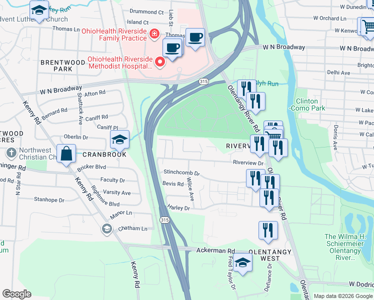 map of restaurants, bars, coffee shops, grocery stores, and more near 704 Riverview Drive in Columbus