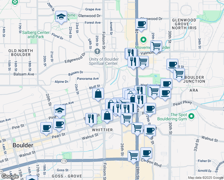 map of restaurants, bars, coffee shops, grocery stores, and more near 2579 Mapleton Avenue in Boulder