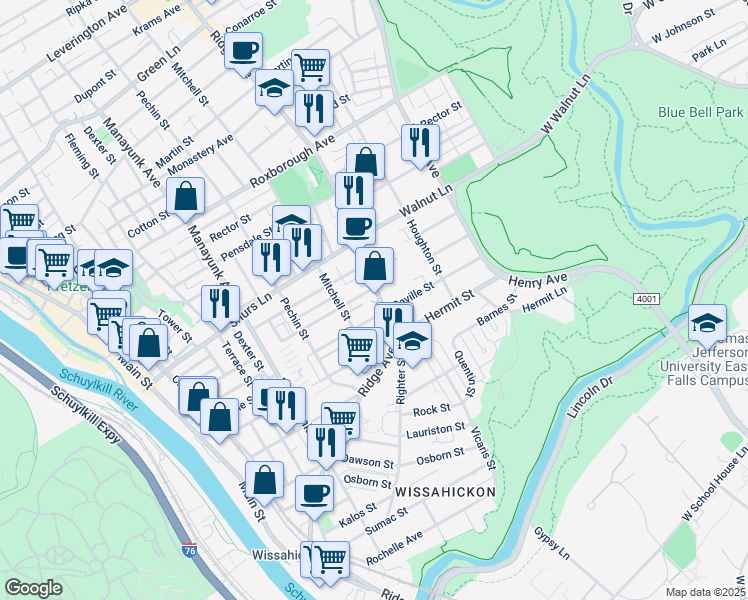 map of restaurants, bars, coffee shops, grocery stores, and more near 476 Seville Street in Philadelphia
