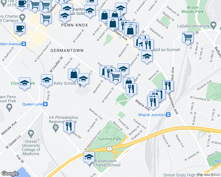 map of restaurants, bars, coffee shops, grocery stores, and more near 5004 Tacoma Street in Philadelphia
