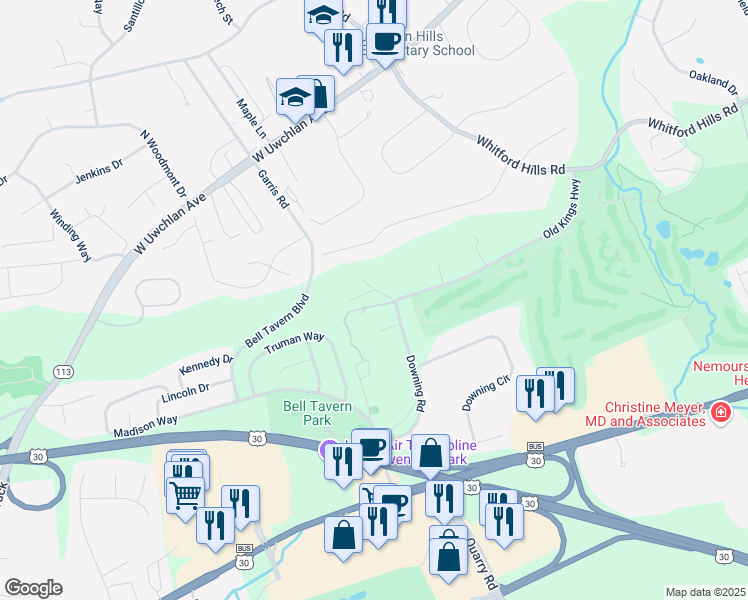 map of restaurants, bars, coffee shops, grocery stores, and more near 298 Old Kings Hwy in Downingtown