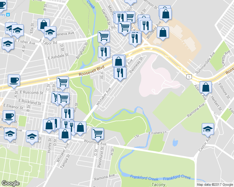 map of restaurants, bars, coffee shops, grocery stores, and more near 5027 Pennway Street in Philadelphia