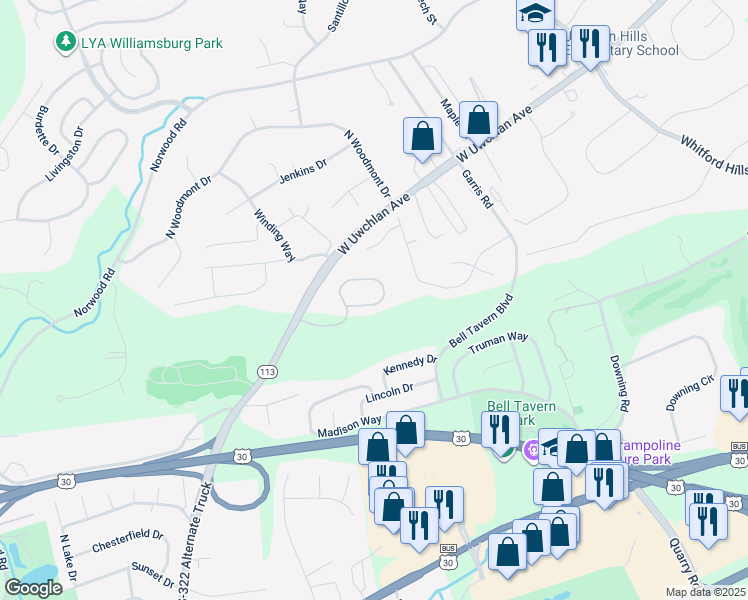 map of restaurants, bars, coffee shops, grocery stores, and more near 226 Tall Trees Circle in Downingtown