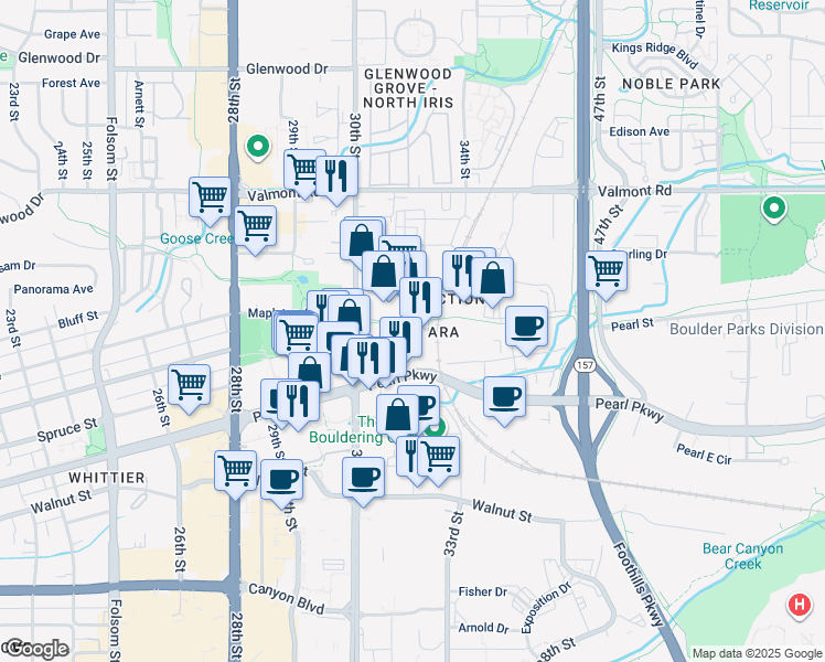 map of restaurants, bars, coffee shops, grocery stores, and more near Junction Place in Boulder