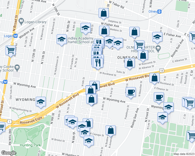 map of restaurants, bars, coffee shops, grocery stores, and more near 4833 North 5th Street in Philadelphia