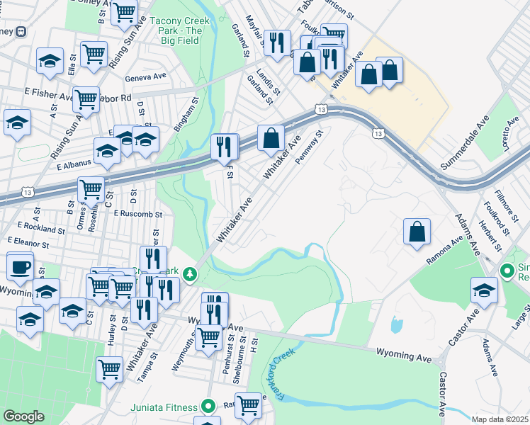 map of restaurants, bars, coffee shops, grocery stores, and more near 5027 Pennway Street in Philadelphia