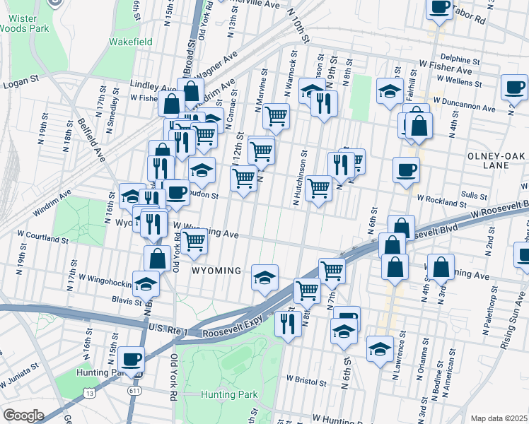 map of restaurants, bars, coffee shops, grocery stores, and more near 4746 North Warnock Street in Philadelphia