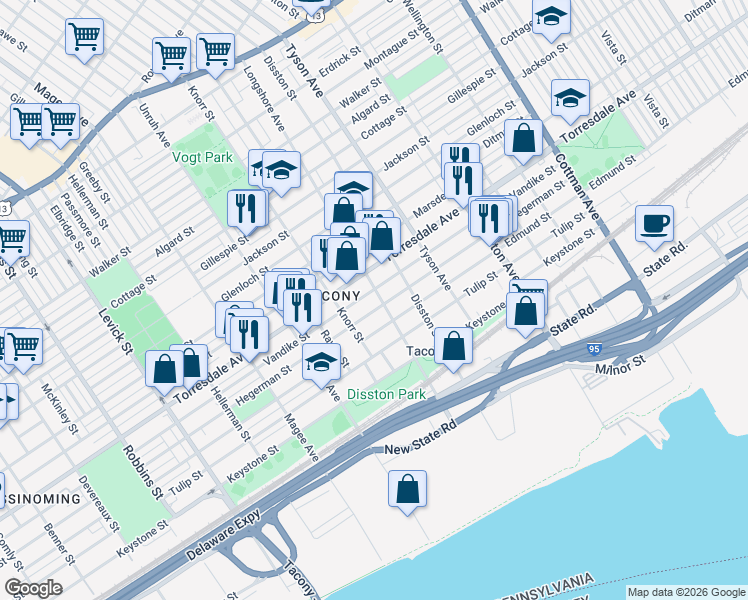 map of restaurants, bars, coffee shops, grocery stores, and more near 6812 Hegerman Street in Philadelphia