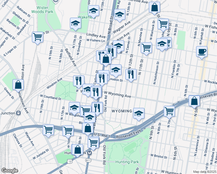 map of restaurants, bars, coffee shops, grocery stores, and more near 4719 Old York Road in Philadelphia