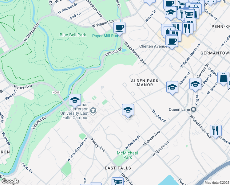 map of restaurants, bars, coffee shops, grocery stores, and more near 3009 Foxx Lane in Philadelphia