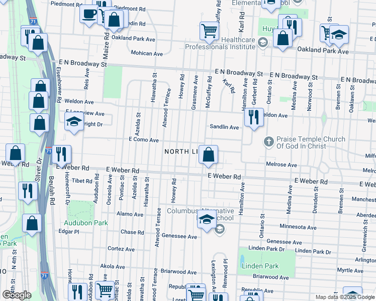 map of restaurants, bars, coffee shops, grocery stores, and more near 2907 Grasmere Avenue in Columbus