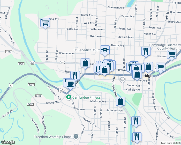 map of restaurants, bars, coffee shops, grocery stores, and more near 522 Wheeling Avenue in Cambridge