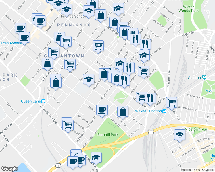 map of restaurants, bars, coffee shops, grocery stores, and more near 5012 Tacoma Street in Philadelphia