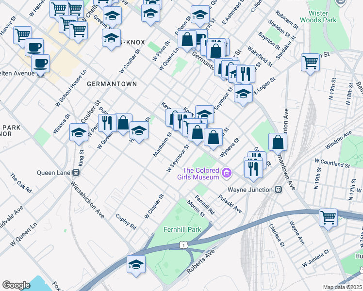 map of restaurants, bars, coffee shops, grocery stores, and more near 5012 Tacoma Street in Philadelphia