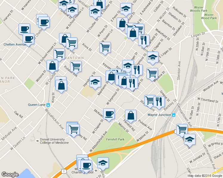 map of restaurants, bars, coffee shops, grocery stores, and more near 5019 Newhall Street in Philadelphia