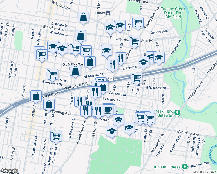 map of restaurants, bars, coffee shops, grocery stores, and more near 4945 Rising Sun Avenue in Philadelphia