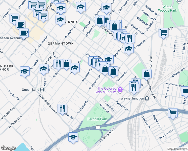 map of restaurants, bars, coffee shops, grocery stores, and more near 5019 Newhall Street in Philadelphia